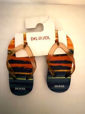 DEL SOL Toddler Flip Flops in Navy and Orange Stripes